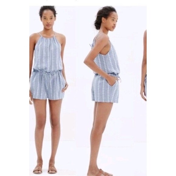 Madewell Womens Size XS Blue Seaglow Chambray Floral Drawstring Tie Neck Romper - Picture 2 of 9